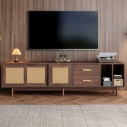 ModernLuxe Modern TV cabinet with 2 drawers & rattan sliding doors in Dark Brown