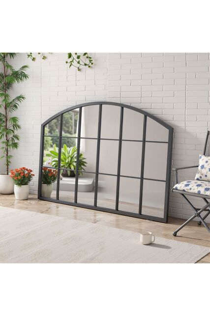 Living and Home Modern Black Metal Arched Grid Decor Window Mirror, 110cm W x 70cm H - Size: 110 cm W x 70 cm H - image 1