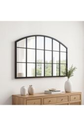Living and Home Modern Black Metal Arched Grid Decor Window Mirror, 110cm W x 70cm H - Size: 110 cm W x 70 cm H - thumbnail 2