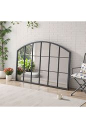 Living and Home Modern Black Metal Arched Grid Decor Window Mirror, 110cm W x 70cm H - Size: 110 cm W x 70 cm H - thumbnail 1