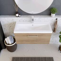 Balterley Contemporary Bathroom Wall Hung 1 Soft-Close Drawer Vanity Unit & Mid-Edge Ceramic Basin, Bleached Oak, 800 mm in Brown - thumbnail 3