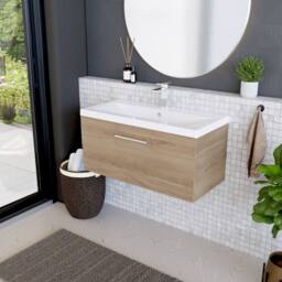 Balterley Contemporary Bathroom Wall Hung 1 Soft-Close Drawer Vanity Unit & Mid-Edge Ceramic Basin, Bleached Oak, 800 mm in Brown - thumbnail 4