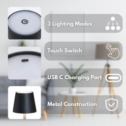 Marco Paul Pack of 2 Onyx Metal Rechargeable Table Lamp 33cm in Black - thumbnail 5