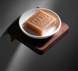 Nes Home Abloh Luxury Ceramic Soap dish with Shelf Wooden Walnut & Brushed Gold in White - thumbnail 2