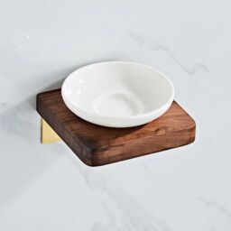 Nes Home Abloh Luxury Ceramic Soap dish with Shelf Wooden Walnut & Brushed Gold in White