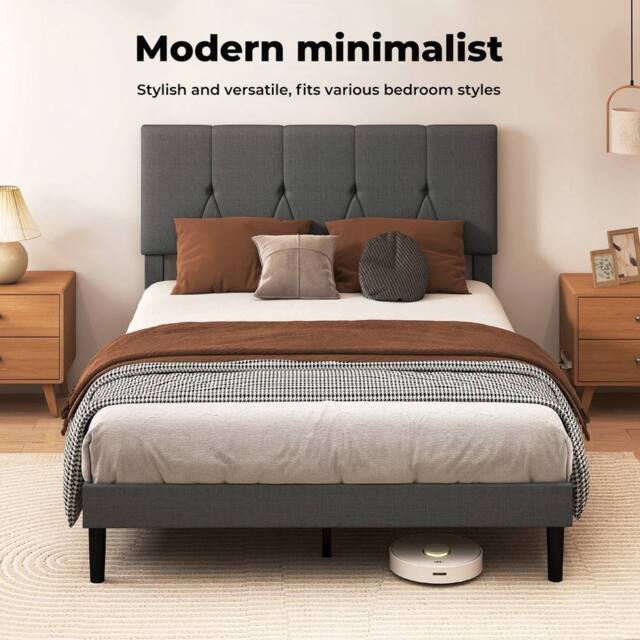 EONLION Double Bed Frame Upholstered Linen in Dark Grey - image 1