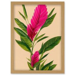 Artery8 Tropical Hawaiian Botanical Exotic Pink Floral illustration Artwork Framed Wall Art Print A4 in Light Oak - thumbnail 1