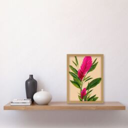 Artery8 Tropical Hawaiian Botanical Exotic Pink Floral illustration Artwork Framed Wall Art Print A4 in Light Oak - thumbnail 2