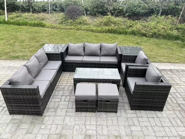 Fimous Outdoor Rattan Garden Furniture Lounge Sofa Set With Oblong Rectagular Coffee Table in Dark Grey - image 1