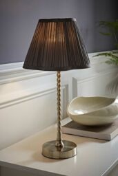 ValueLights Maeve Dark Grey Pleated Faux Silk Scallop Shade Brushed Chrome Bobbin Table Lamp in Silver