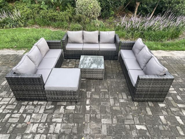 Fimous Outdoor Rattan Garden Furniture Set 10 Seater Patio Lounge Sofa Set with Square Coffee Table Big Footstool in Dark Grey - image 1