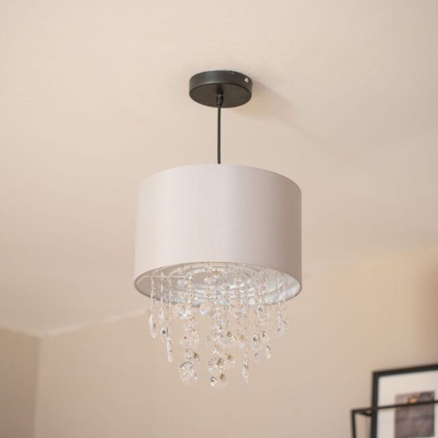 ValueLights Lulu Grey Easy Fit Fabric Lampshade With Acrylic Jewel Bead Droplets - image 1