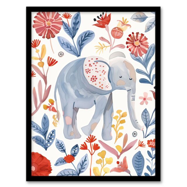 "Artery8 Cute Baby Elephant Blue Red Floral Watercolour Framed Wall Art - Size: W12"" x H16""" - image 1
