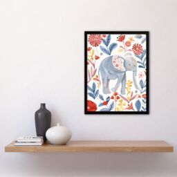 "Artery8 Cute Baby Elephant Blue Red Floral Watercolour Framed Wall Art - Size: W12"" x H16""" - thumbnail 4
