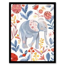 "Artery8 Cute Baby Elephant Blue Red Floral Watercolour Framed Wall Art - Size: W12"" x H16""" - thumbnail 1