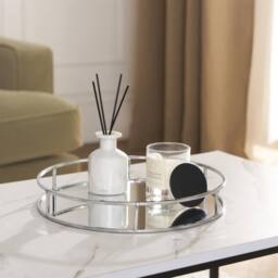 OHS Round Mirrored Storage Tray Metal Frame Vanity Display Plate in Silver