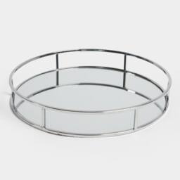 OHS Round Mirrored Storage Tray Metal Frame Vanity Display Plate in Silver - thumbnail 3