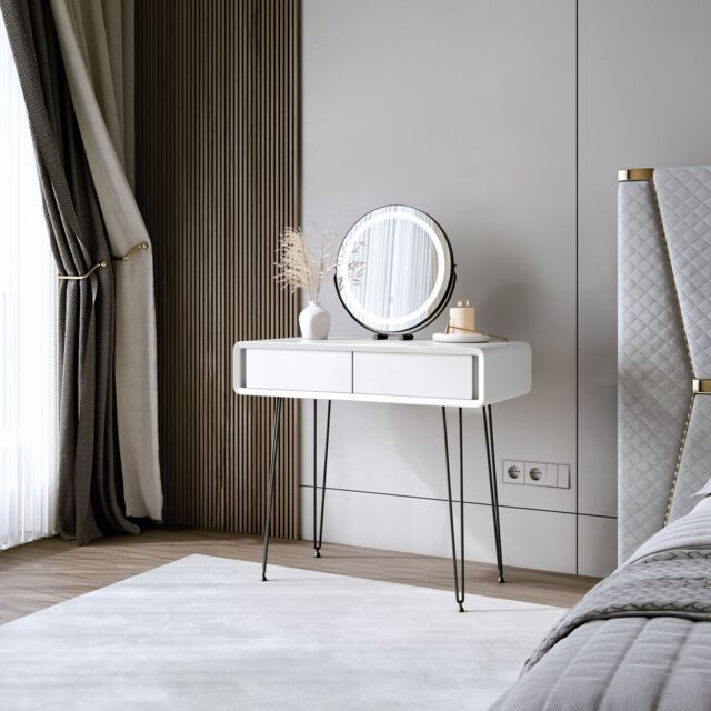 CARME HOME Piper White Dressing Table with Riley Black LED Mirror - image 1