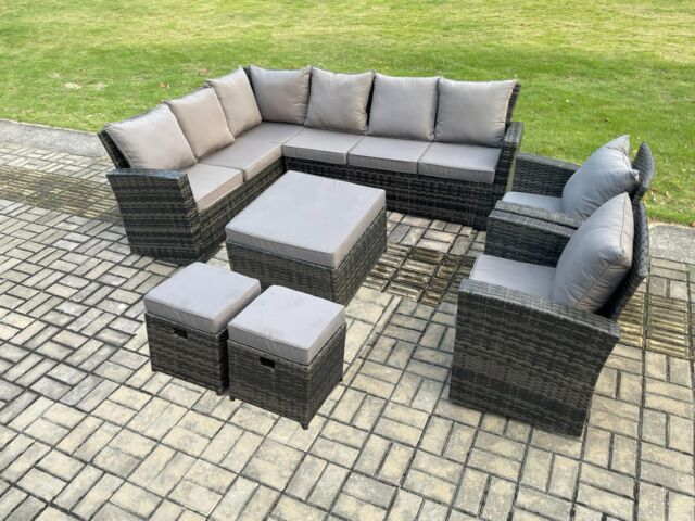 Fimous 11 Seat Rattan Garden Furniture Corner Sofa Set Outdoor Patio Sofa Chair Table Set in Dark Grey - image 1
