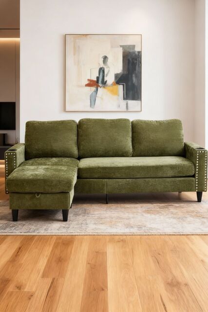 Living and Home Polyester Upholstered L-Shaped 3-Seater Sectional Sofa with Ottoman in Green - image 1