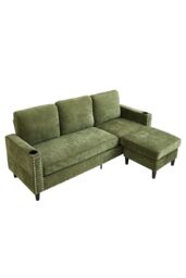Living and Home Polyester Upholstered L-Shaped 3-Seater Sectional Sofa with Ottoman in Green - thumbnail 3