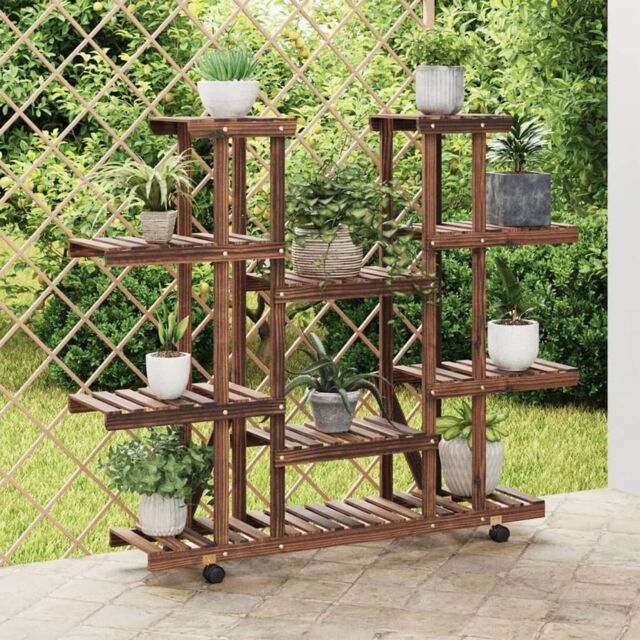 Berkfield Home Flower Stand with Wheels 110x25x115 cm Solid Wood Fir in Brown - Size: 110 x 25 x 115 cm - image 1
