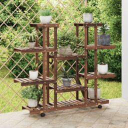 Berkfield Home Flower Stand with Wheels 110x25x115 cm Solid Wood Fir in Brown - Size: 110 x 25 x 115 cm - thumbnail 1