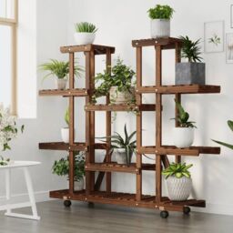 Berkfield Home Flower Stand with Wheels 110x25x115 cm Solid Wood Fir in Brown - Size: 110 x 25 x 115 cm - thumbnail 3