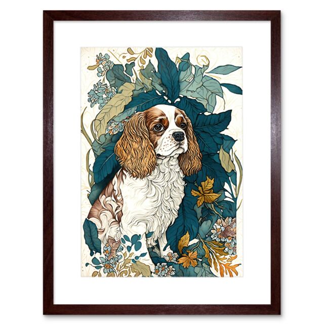 "Artery8 Wall Art Print King Charles Spaniel Dog in Leafy Plants Modern Artwork Framed 9X7 Inch in Brown - Size: W7"" x H9""" - image 1