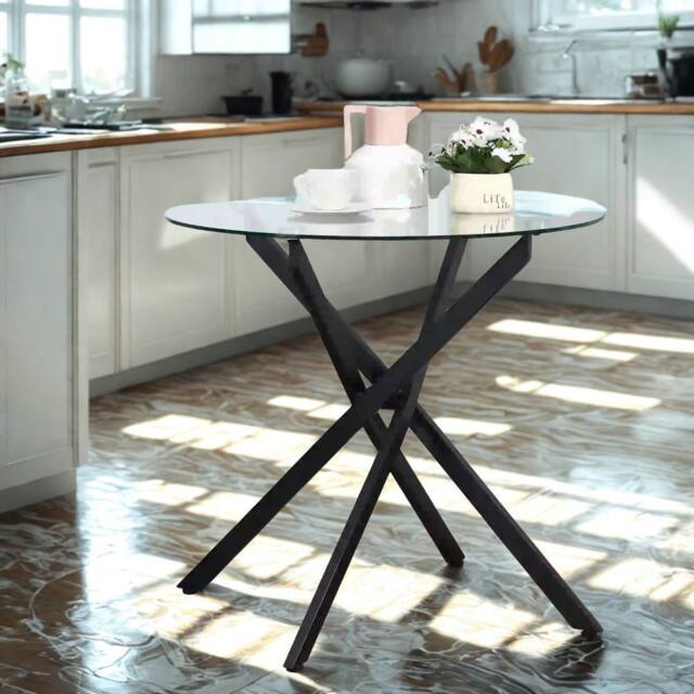 FURNOS Industrial Tempered Glass Round Coffee Table Black - image 1