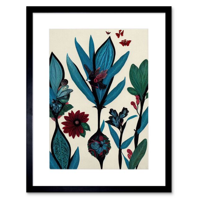 "Artery8 Wall Art Print Abstract Paper Quilling Floral Blooms Flowers Butterflies Blue Burgundy Green Cream Artwork Framed 9X7 Inch - Size: W7"" x H9""" - image 1