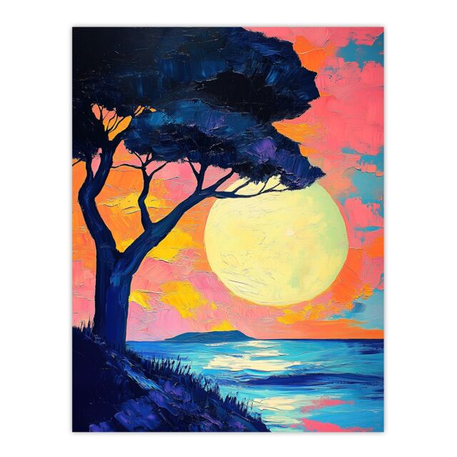 "Artery8 Tree Silhouette By Sea Large Sunset Sun Seascape Wall Art Print in Pink - Size: W12"" x H16""" - image 1