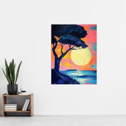 "Artery8 Tree Silhouette By Sea Large Sunset Sun Seascape Wall Art Print in Pink - Size: W12"" x H16""" - thumbnail 4