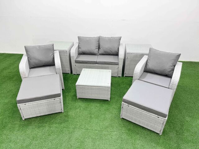 Fimous Light Grey PE Wicker Rattan Garden Furniture Set Sofa Set Reclining Adjustable Chair Square Coffee Table 6 Seater 2 Big Stools 2 Side Table - image 1
