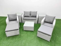 Fimous Light Grey PE Wicker Rattan Garden Furniture Set Sofa Set Reclining Adjustable Chair Square Coffee Table 6 Seater 2 Big Stools 2 Side Table - thumbnail 2