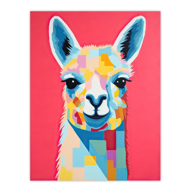 "Artery8 Wall Art Print Pink Drama Llama Colourful Graphic Painting Quirky Animal Portrait with Geometric Patterns Poster - Size: W18"" x H24""" - image 1