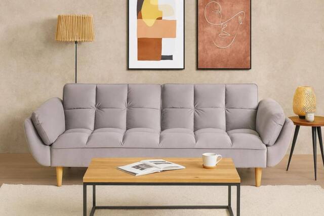 LUXURY LIFE Hudson 3 Seater Velvet Sofa Bed in Light Grey
