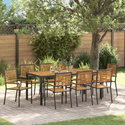Berkfield Home 9 Piece Garden Dining Set Black Poly Rattan Acacia - thumbnail 1