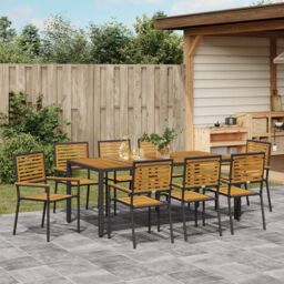 Berkfield Home 9 Piece Garden Dining Set Black Poly Rattan Acacia - thumbnail 4