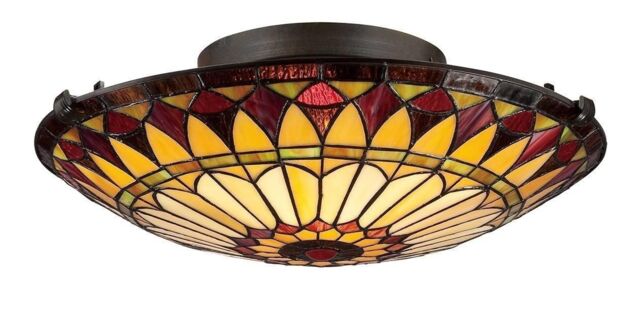 Netlighting West End 2 Light Flush Ceiling Light Vintage Bronze Tiffany Glass E27 in Brown
