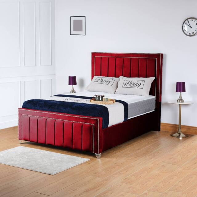 UK Bed Furniture Fiona Slatted Base Upholstered Bed with 48 Inch Headboard in Maroon - Size: Small Double - image 1
