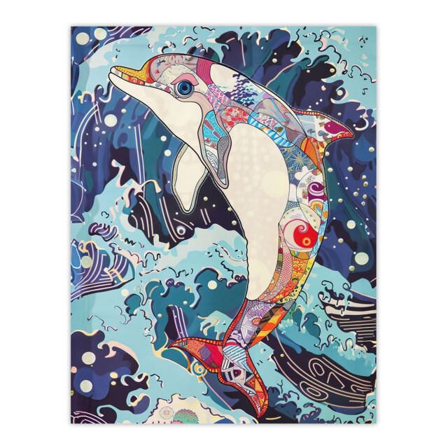"Artery8 Dolphin Jump Sea Waves Colourful Folk Art Wall Art Print in Blue - Size: W12"" x H16""" - image 1