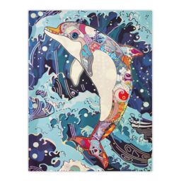 "Artery8 Dolphin Jump Sea Waves Colourful Folk Art Wall Art Print in Blue - Size: W12"" x H16""" - thumbnail 1