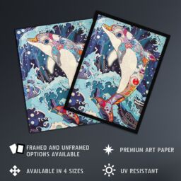 "Artery8 Dolphin Jump Sea Waves Colourful Folk Art Wall Art Print in Blue - Size: W12"" x H16""" - thumbnail 2