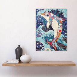 "Artery8 Dolphin Jump Sea Waves Colourful Folk Art Wall Art Print in Blue - Size: W12"" x H16""" - thumbnail 4