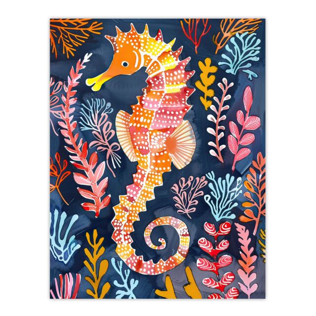 "Artery8 Vibrant Seahorse Colourful Coral Reef Folk Art Wall Art Print - Size: W12"" x H16""" - image 1