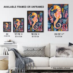 "Artery8 Vibrant Seahorse Colourful Coral Reef Folk Art Wall Art Print - Size: W12"" x H16""" - thumbnail 3