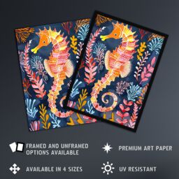 "Artery8 Vibrant Seahorse Colourful Coral Reef Folk Art Wall Art Print - Size: W12"" x H16""" - thumbnail 2