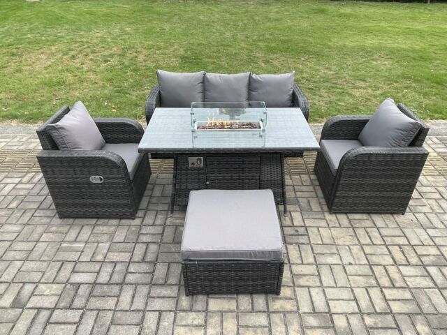Fimous Patio Outdoor Rattan Garden Furniture Set Propane Gas Fire Pit Table Burner with Lounge Sofa Footstool in Dark Grey - image 1