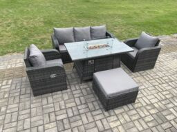 Fimous Patio Outdoor Rattan Garden Furniture Set Propane Gas Fire Pit Table Burner with Lounge Sofa Footstool in Dark Grey - thumbnail 3